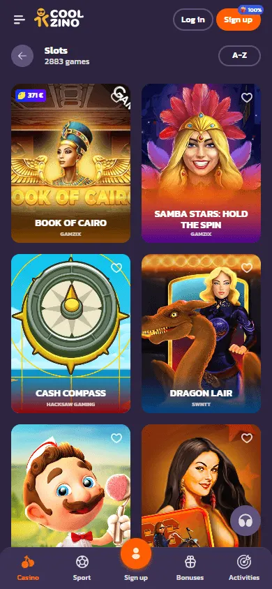 Coolzino Casino games interface on a mobile device
