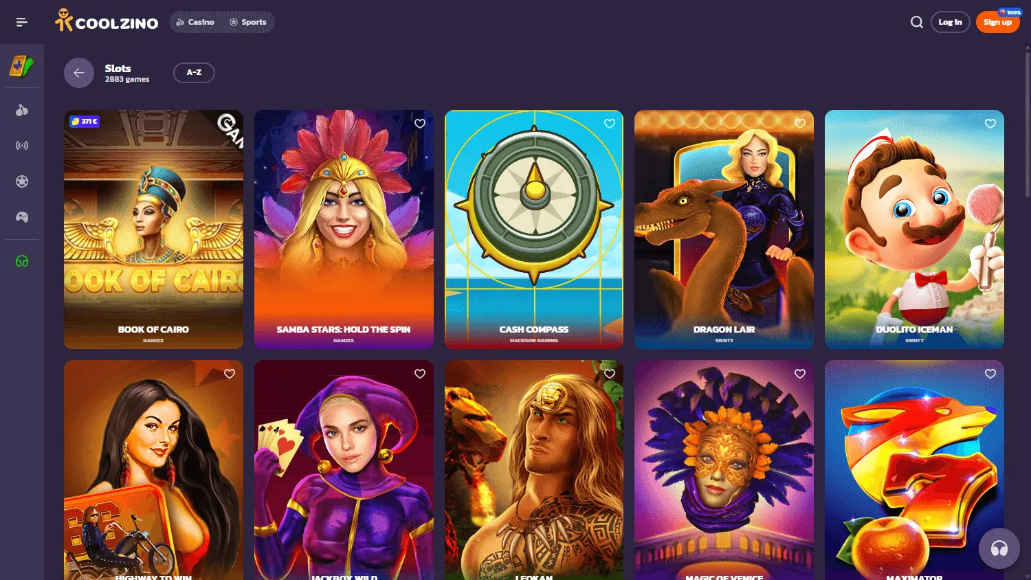 Coolzino Casino games interface on desktop