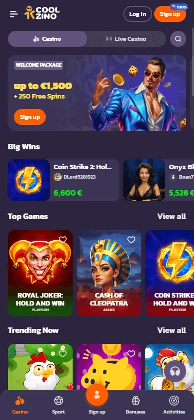 Coolzino Casino home interface on a mobile device