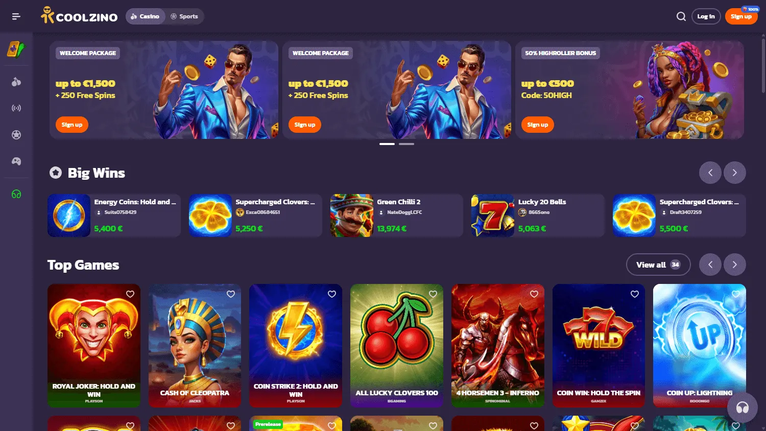 Coolzino Casino home interface on desktop