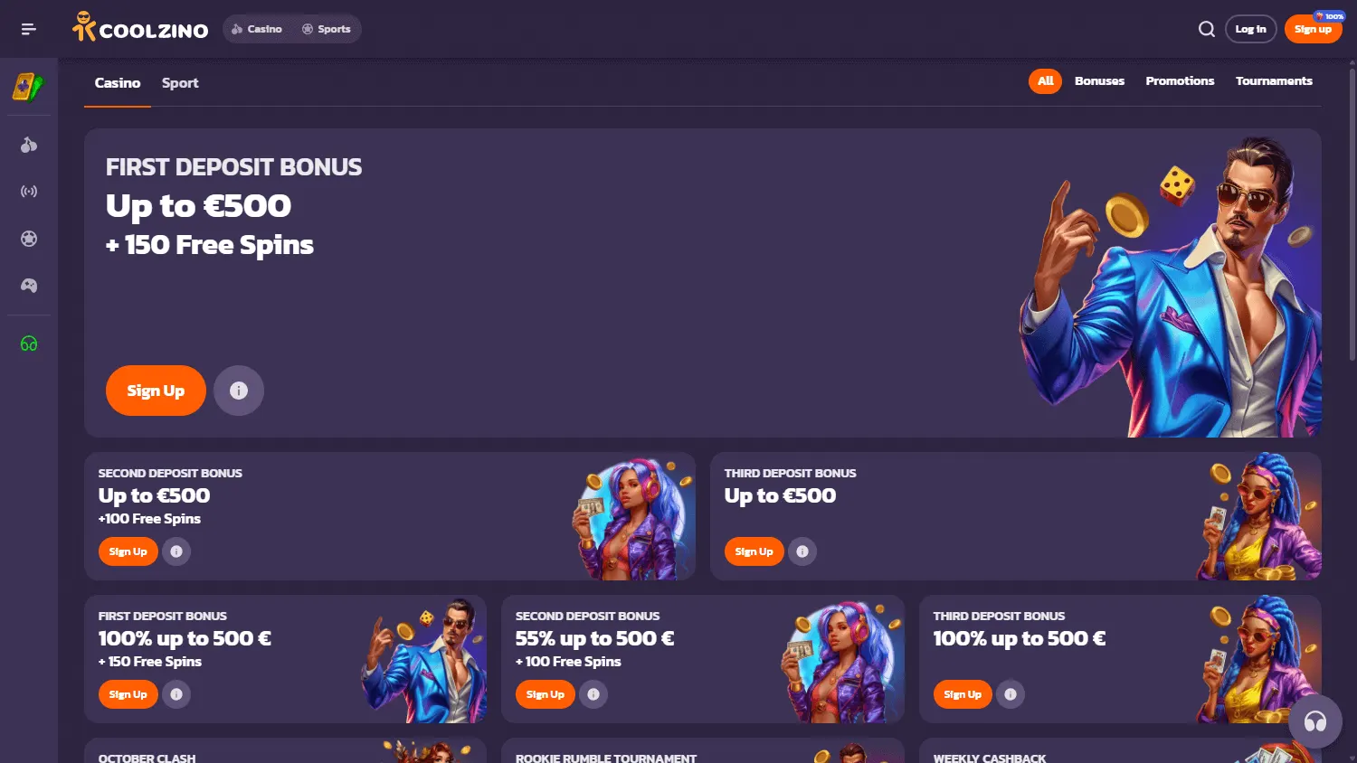 Coolzino Casino promotions interface on desktop
