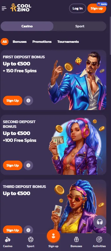 Coolzino Casino promotions interface on a mobile device